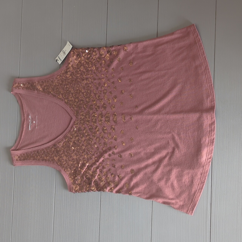 NWT Express One Eleven Women's Pink/Rose Bronze Sequins Easy Tank X-small XS